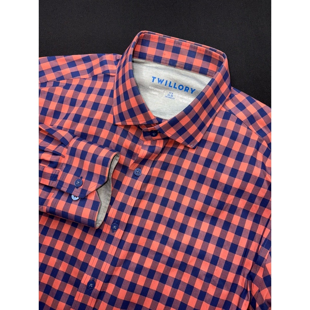 Twillory‎ Leader Gingham Button Up Shirt Size 17 34-35 Tailored Fit Orange Blue